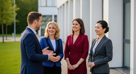 Diverse group of four business professionals having an animated discussion outdoors near a contemporary corporate edifice