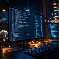 Late night coder: illuminated computer screen displaying lines of code in a dark room, programming concept