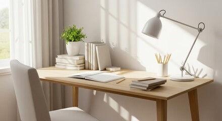 Cozy modern home study desk with natural sunlight and ceramic pot