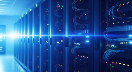 Row of network servers with glowing led lights