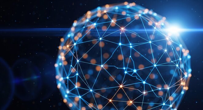 Dark blue abstract background with a network grid and particles connected, global nodes