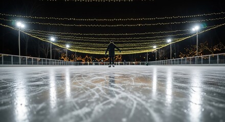 Blue ice skates wait under festive winter lights