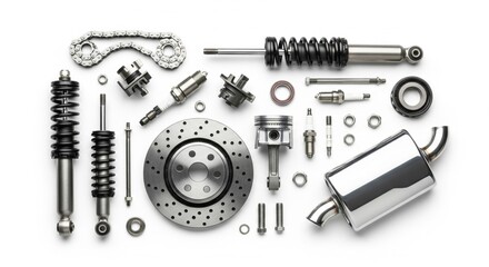 Organized flat lay automotive mechanical parts on white background