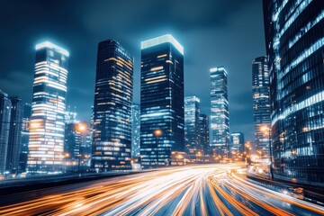 High-speed nightlife: streaking lights and soaring skyscrapers in a fast-paced urban metropolis