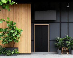 Elegant coffee shop with smooth wooden finishes, a blackframed entrance, and an inviting outdoor garden