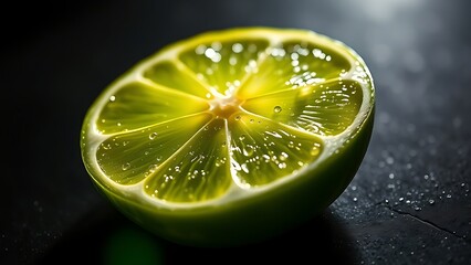 sudachi. A fresh slice of sudachi lime on a dark surface, glistening with dewdrops in sunlight. menu design, packaging mockups, designed for culinary blogs and recipe cards for restaurants.