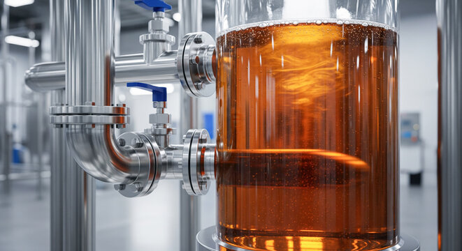 Amber malt extract liquid in brewery vacuum evaporation tank