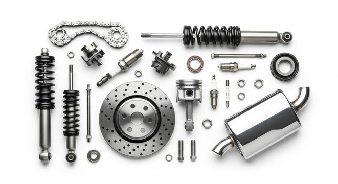 Organized flat lay automotive mechanical parts on white background