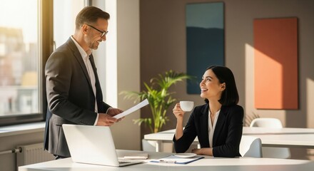 An experienced male executive consults with a bright young female employee within a charmingly designed retro office