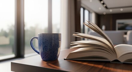 Open book with a cup of coffee for morning devotion on wooden table with window light