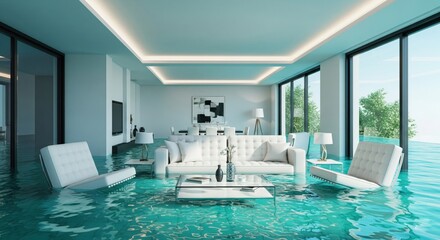 Devastated modern tropical beach house interior, elegant furniture submerged in sea flood waters
