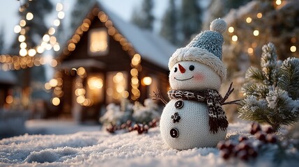 A charming knitted snowman with a blue-gray hat and dark brown patterned scarf stands on snowy ground, backed by a warm-lit cabin with string lights, surrounded by pine branches and red berries