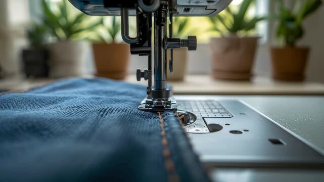 Sewing machine stitching fabric with focused detail on the needle and thread as soft natural light from nearby windows creates a calm crafting workspace