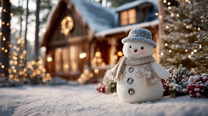 An elegant snowman with a blue knit hat and light brown scarf stands beside a snowy wooden cabin, warm yellow light glows from windows with golden sparkles, red berries on green plants