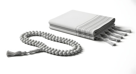 Prayer beads and folded cloth set against a clean white background, suggesting peace and reflection.