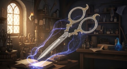 Ornate metal scissors levitate above an open book radiating mystical blue energy in a dimly lit workshop.