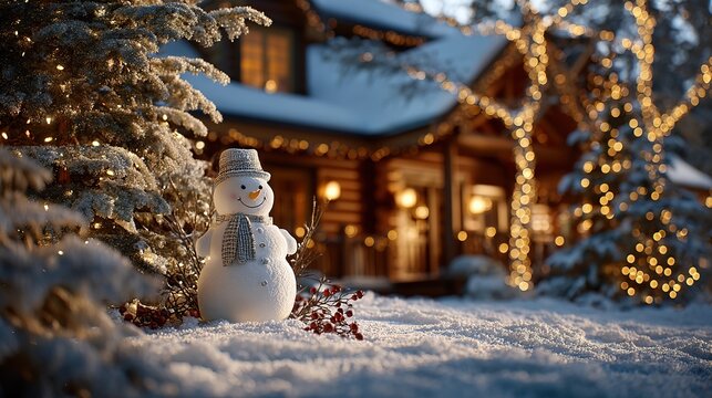 An elegant snowman in a checkered hat and gray scarf stands by a snow-covered pine tree with red berries, a warm cabin with golden lights in the background, creating a serene winter scene.