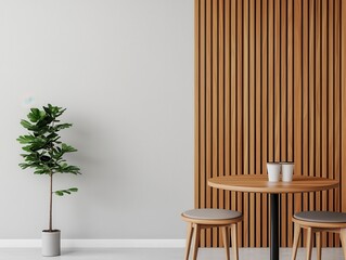 Minimalist coffee shop with vertical wooden slats, floortoceiling glass, and a simple elegant design
