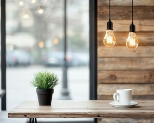 Rustic coffee shop with weathered wooden paneling, an openair terrace, and glowing Edison bulbs