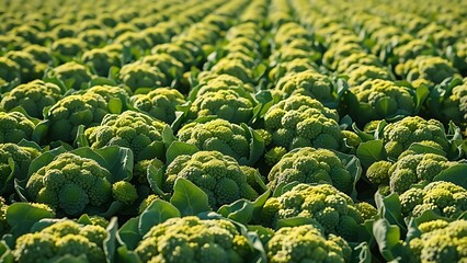 calabrese. Agricultural field of mature Calabrese broccoli with dense green florets under sunlight. public awareness campaigns.