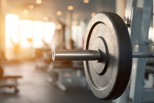 Close up of a weight plate and barbell in a modern gym setting - Powered by Adobe