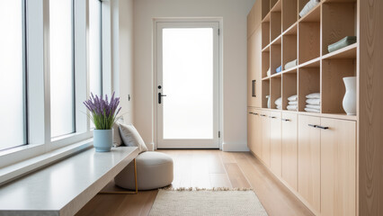 Serene interior space featuring minimalist design with natural light, wooden shelves, and cozy seating area