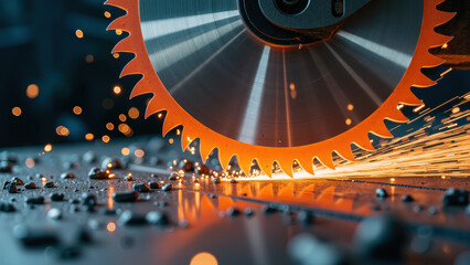Close up view of circular saw blade cutting through metal, creating sparks and debris. scene captures intensity and precision of metalworking