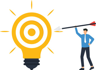 Businessman aiming arrow at lightbulb target for business goal. Creative idea, marketing strategy, innovative solution, goal achievement, strategic focus, business precision, market target.