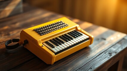 melodica. A vintage yellow melodica on a rustic wooden table in warm sunlight. lifestyle magazines, social media lookbooks, designed for influencer and brand collaborations.