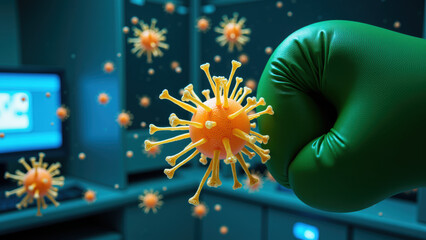 Powerful green fist punches virus, symbolizing strength against illness. scene is vibrant and dynamic, showcasing battle against pathogens