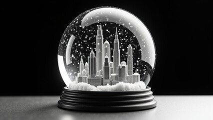 Snow globe featuring detailed city skyline, encapsulated in glass, with falling snowflakes creating magical atmosphere