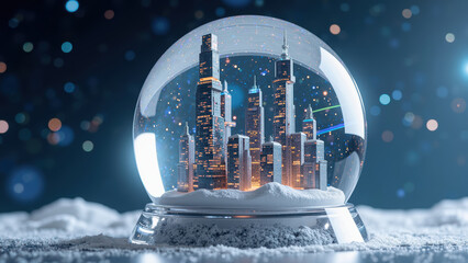 Snow globe featuring futuristic cityscape with tall skyscrapers, illuminated buildings, and falling snowflakes creates magical winter scene