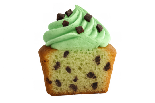 Cross section mint chocolate chip cupcake with green frosting and chocolate sprinkles on transparent background