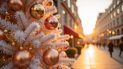 Festive Christmas tree adorned with shiny ornaments stands in bustling street, capturing warm glow of sunset