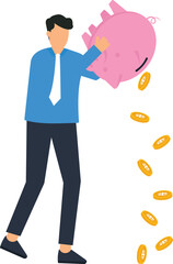 Businessman emptying piggy bank savings, financial crisis concept, investment loss, economic downturn, debt management, personal finance, money problems, cash withdrawal, business failure.