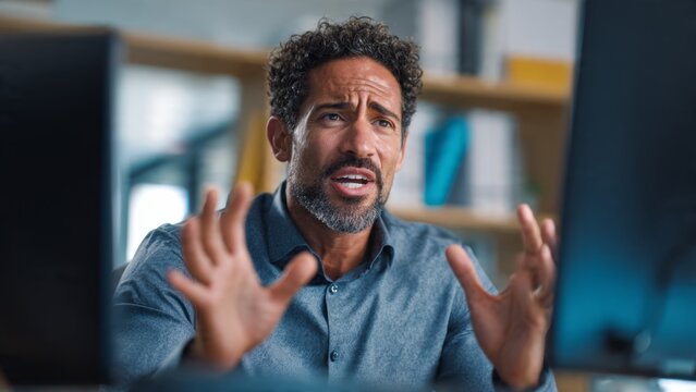 Dynamic male executive engaged in video conference call professional office setting business environment close-up view