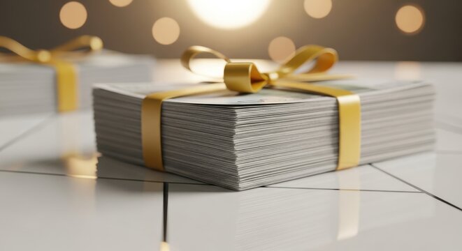 Abundant Cash Stacks Wrapped with Golden Ribbon, Celebrating Financial Success