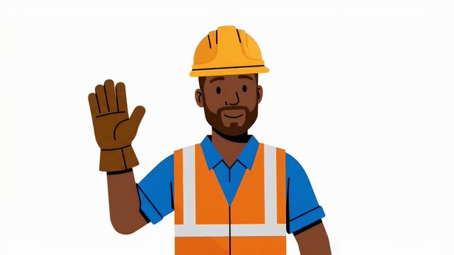 Illustrated male construction worker in safety gear waving and smiling on white background