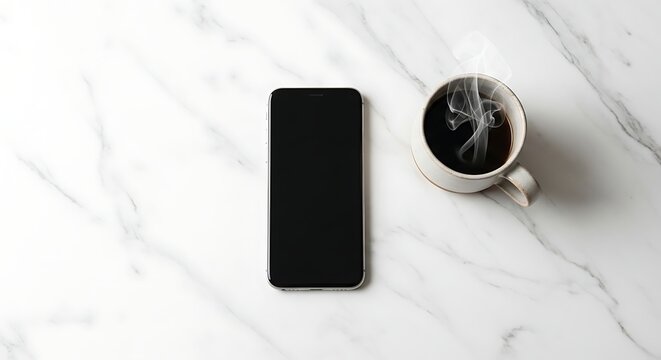 Minimalist flat lay of a smartphone and coffee mug on a white marble surface, representing a digital detox, a calm morning routine, and a focused work break