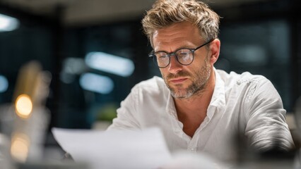 Obraz premium Focused man reviewing documents at desk in office environment highlighting concentration and professionalism