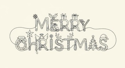 One Line Drawing Style Merry Christmas Typography Illustration, Festive and Artistic