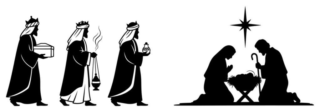 Christian Nativity Scene Silhouette with Holy Family and Three Wise Men Under Bethlehem Star