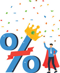 Percentage sign with golden crown celebrating business success special discount best offer with businessman superhero financial growth market leader falling confetti