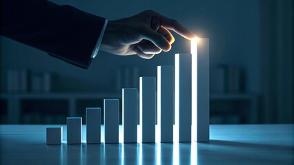 Hand illuminating bar graph projection in dark analytical environment for business insights