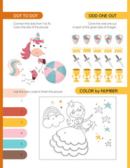 Pages for a children's activity book. The theme is a fairytale kingdom. Dot-to-dot, odd one out and Color by number. Fun activities for preschool and school-age children.