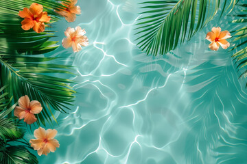 Bright Tropical Flowers Float on Shimmering Water Under Gentle Sunlight in a Serene Pool Setting
