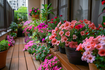 Fototapeta premium Bright and Colorful Flowers Bloom on a Balcony Garden in a Peaceful Urban Setting