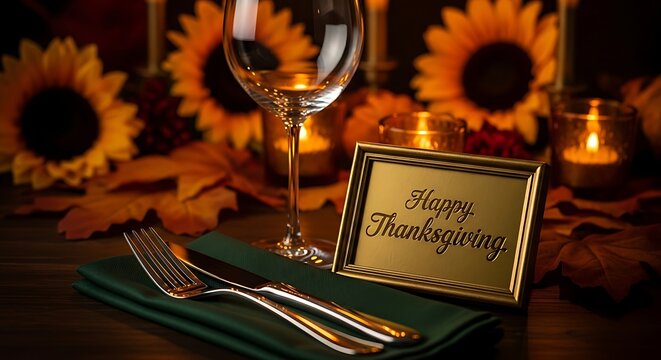An elegant table setting for a Thanksgiving dinner, featuring a wine glass, autumn leaves, sunflowers, and warm candlelight - Powered by Adobe