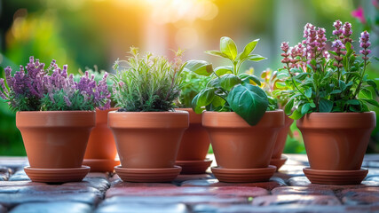 Colorful Potted Herbs and Flowers Arranged on a Warm Evening in a Cozy Garden Setting