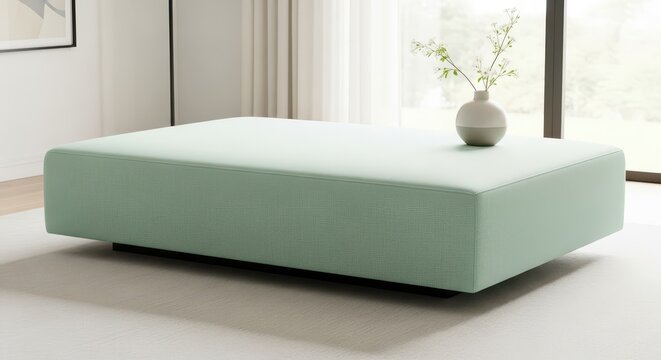 Large, minimalist rectangular ottoman upholstered in light green fabric rests on a light rug near a large window